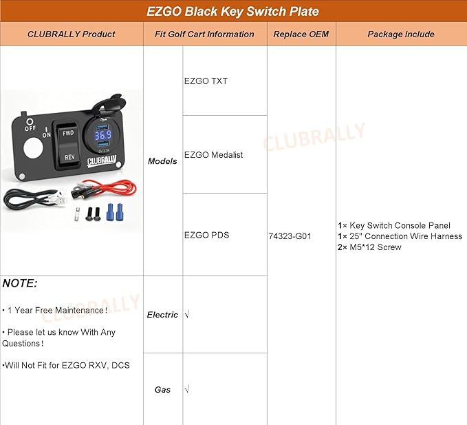 EZGO Key Switch Plate with Forward Reverse Switch, DC 9V-48V 3.1A Fast Charge Dual USB Charger, LED Digital Voltmeter, Fit Electric EZGO TXT, Medalist, PDS Golf Carts((Black/Red))