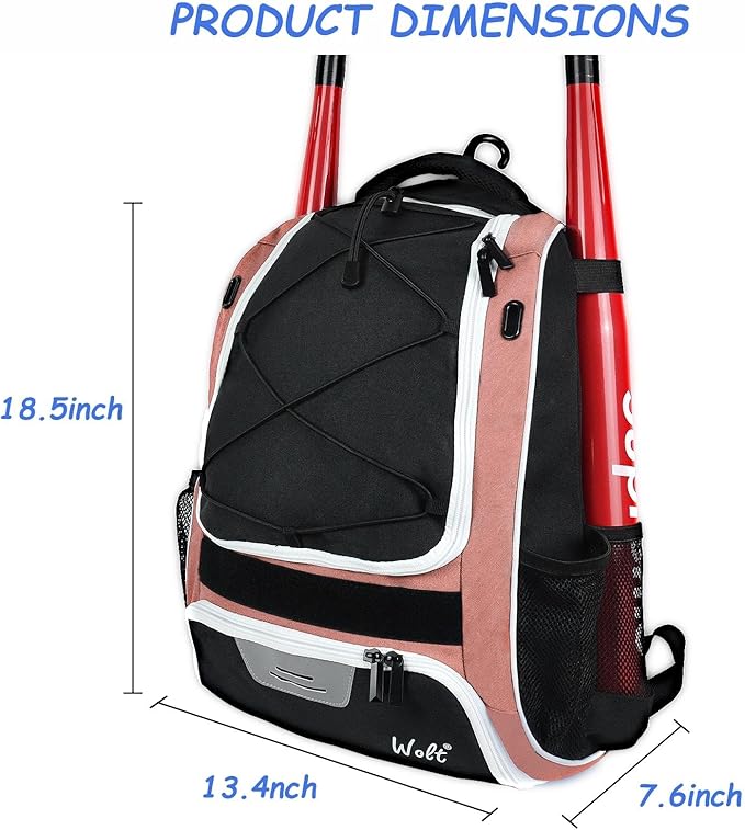 WOLT Youth Baseball Bag - Bat Backpack for Baseball, T-Ball & Softball Equipment & Gear, Bat & Glove Holder, Large Main Compartment for Helmet & accessories, Separate Shoes Compartment, Fence Hook