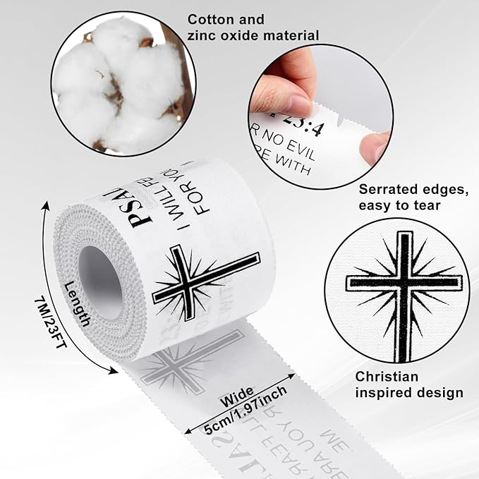 MiniInflat 2 Pcs Christian Cross Athletic Tape Sports Tape 2in x 23ft Religion Jesus Wrist Wrap for Soccer Football Baseball, Gift for Graduation Teacher Nurses Week Pentecost(White,Psalm 23:4)