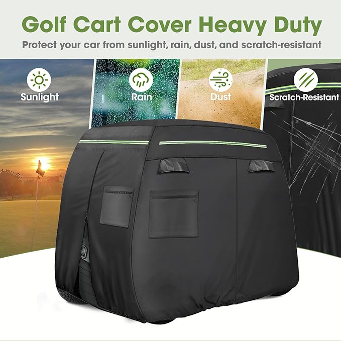 Golf Cart Cover 2/4/4+2 Passenger Heavy Duty Universal Fit for Yamaha EZGO Club Car, 600D Waterproof Windproof Sunproof Golf Cart Seat Covers with Reflective Strips, Zippered Pockets, Zipper Doors