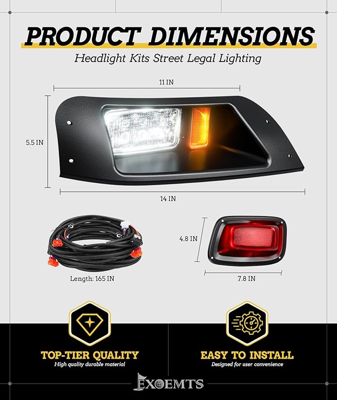 EZGO TXT LED Headlight & Tail Light Kit for 1996-2013 Gas and Electric Golf Carts, 12V Street Legal LED Light Kit for EZGO TXT, Golf Cart High Brightness Headlight Taillight Combo, Black