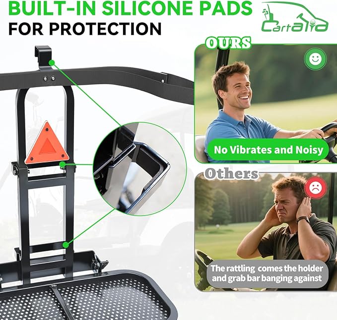2-in-1 Foldable Metal Steel Golf Cart Rear Seat Bag Holder, Upgraded Stepboard Rack Attachment for EZGO Club Car Yamaha, Fits Normal 8'' Wide & 24.2" Widening Safety Grip Bar, No-Drill