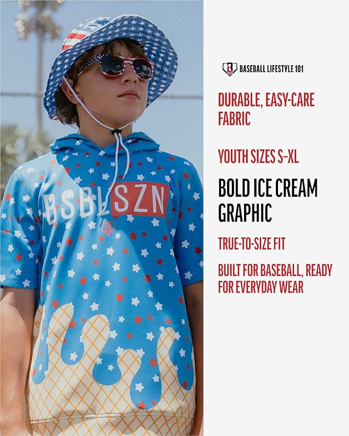 Baseball Lifestyle 101 BSBL SZN Youth Short Sleeve Hoodie with Front Pouch Pocket V2 Ice Cream Sizes Youth Small to XL