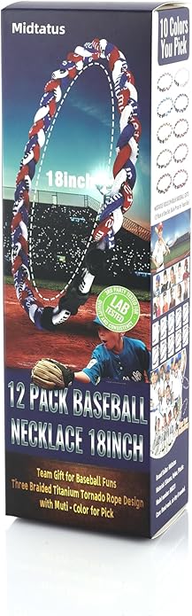 12 Pack Baseball Necklace 18inch, Team Gift for Baseball Funs, Three Braided Titanium Tornado Rope Design, with Muti - Color for Pick