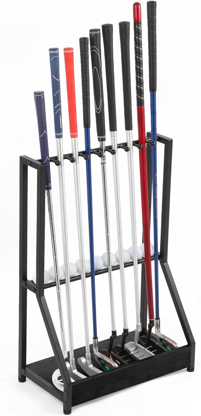 Golf Club Holder for 9 Clubs & 9 Balls, Solid Wood & Iron Golf Organizer, Golf Putter Holder Floor Stand, Golf Club Stand Suitable for Golf Simulators｜Golf Course Accessories