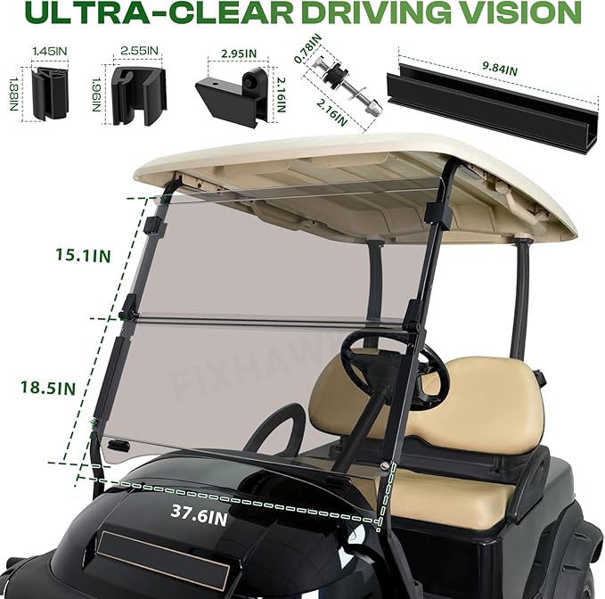 Golf Cart Windshield for Club Car Precedent,Tempo,Onward 2004-up Gas/Electric Golf Carts, Foldable PC UV Resistant Club Car Windshield（Tinted/Clear） (37.59" W x 33.96" H)