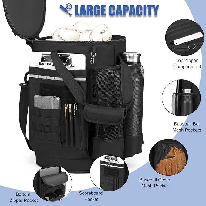 Baseball Bucket Bag 6 Gallon Bucket Cover Organizer w/Padded Seat tactical Softball Coaches Bag for Balls, Bat, Gloves, Scoreboards