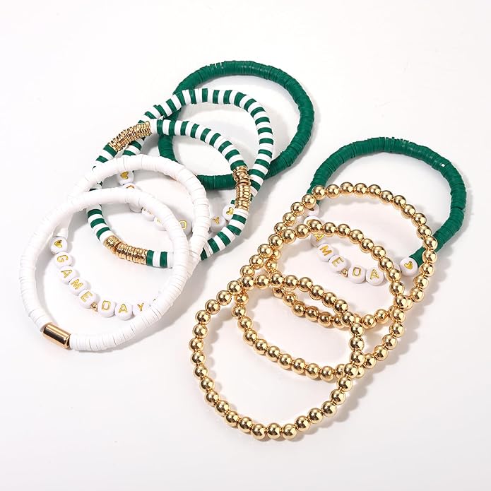 NLCAC 9 Pack Game Day Bracelets Stackable Heishi Beaded Stretchy Bracelet Preppy Jewelry Baseball Football Team Bracelets Sports Fan Accessories Gifts