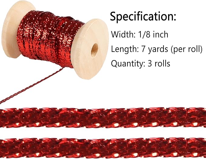 Red Thin Ribbon 1/8 inch Metallic Braided Double Faced Ribbons Curling Ribbons - Image 2