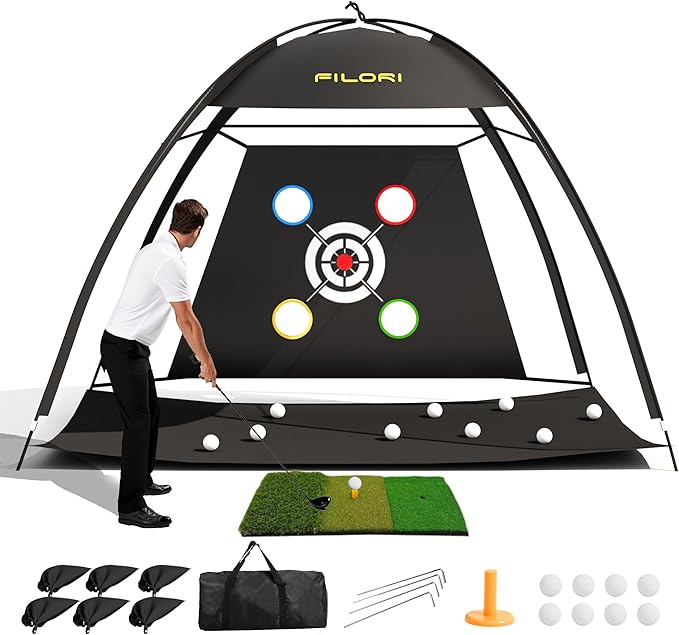 FILORI Golf Practice Net 10x7FT - Golf Hitting Net with Tri-Turf Mat, 8 Balls, Tee & Carry Bag, Indoor/Outdoor Backyard Training for Driving Chipping Swing, Ideal Gifts