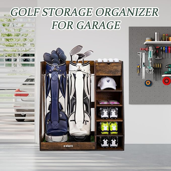 WINGYZ Premium Birch Plywood Golf Bag Storage for 2 Bags | 36lb Rock-Solid Golf Bag Organizer | 7-Shelf Command Center | Artificial Turf 12-Ball Display | No Wall Mounting Required (Brown)