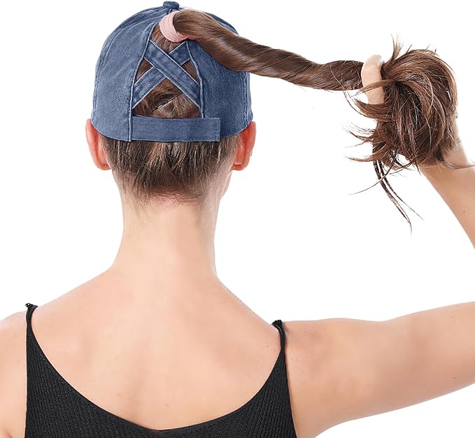 Criss Cross Ponytail Hat Women Washed Distressed Baseball Caps Adjustable High Messy Bun Ponycap