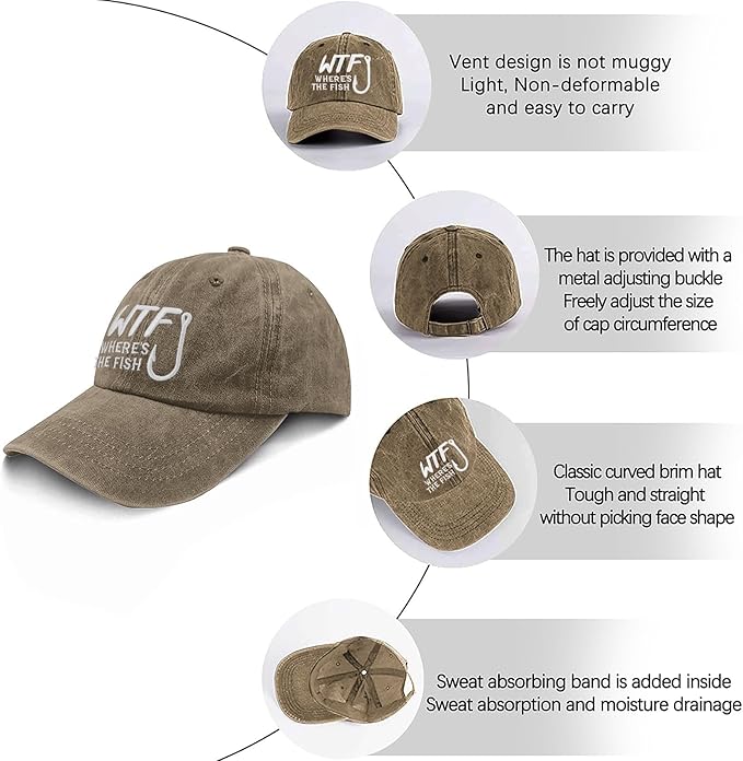 WTF Where's The Fish caps Funny Vintage Cotton Washed Baseball Caps Adjustable Low Profile Dad Hat