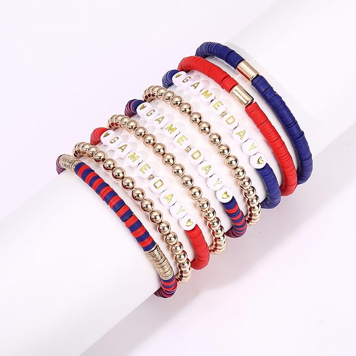 NLCAC 9 Pack Game Day Bracelets Stackable Heishi Beaded Stretchy Bracelet Preppy Jewelry Baseball Football Team Bracelets Sports Fan Accessories Gifts