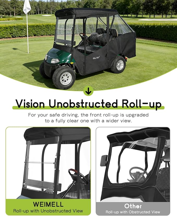4 Passenger Golf Cart Enclosure for EZGO RXV Short Roof 2+2 4-Seater Waterproof Windproof Driving Rain Cover 4-Sided Clear Windows Roll-up Door Black