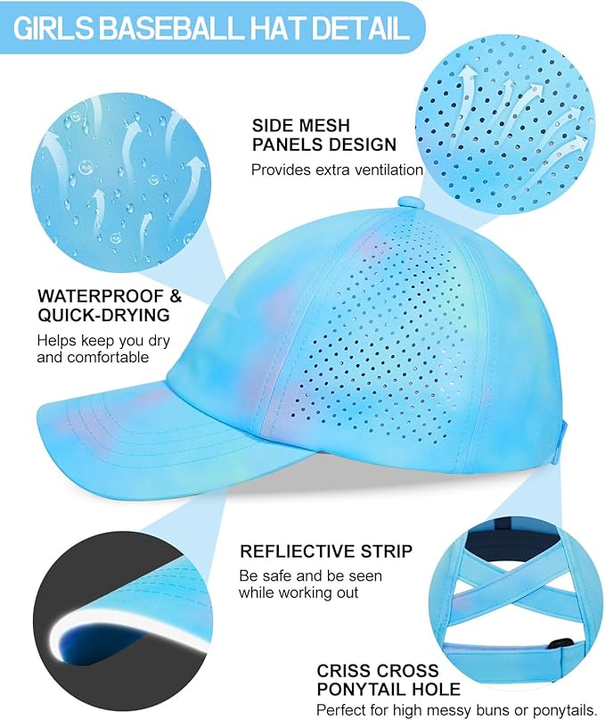 Little Girls Reflective Baseball Cap Criss Cross Ponytail Hat Kids Quick Dry Mesh Summer Sports Hat for Toddler Ages 3-8