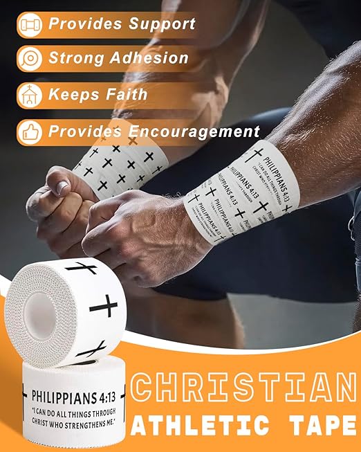 Yigney 4 Pack Christian Athletic Tapes Religious Sport Tape Bible Verse Wrist Tape Cross White Tape for Sports Gymnastics Tennis 1.5IN X 23FT