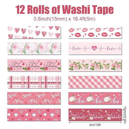 12 Rolls Pink Heart Washi Tape Set, Valentine's Day Love Heart Masking Tape - Image 2