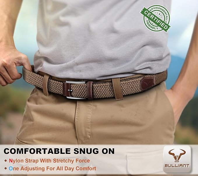 BULLIANT Belt for Men 2Pack,Mens Gift Stretch Braided Web Belt Elastic for Casual Golf Jeans,1 3/8"
