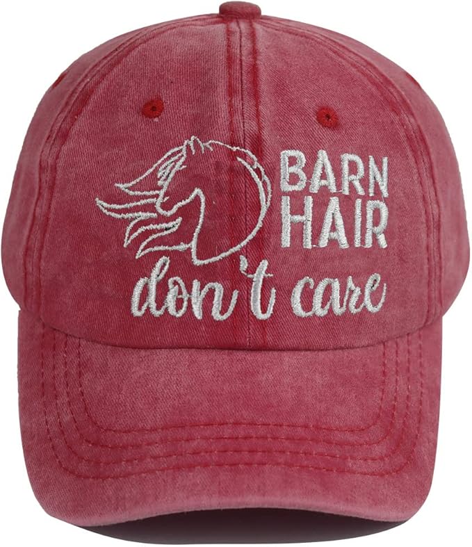 Barn Hair Don't Care Hat, Embroidered Adjustable Wash Cotton Baseball Cap, Horse Lovers Gifts for Women Men