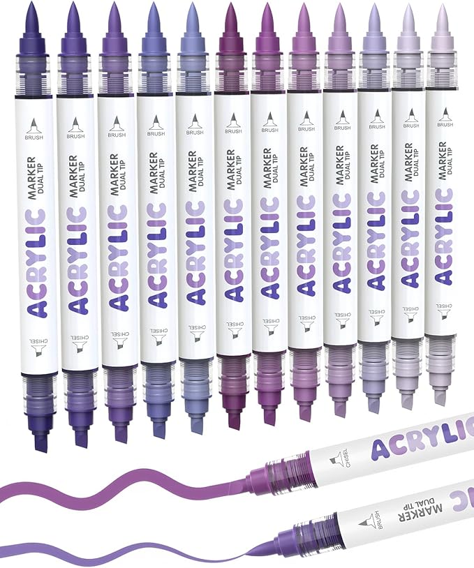 Guangna 12 Purple Dual Tip Acrylic Paint Markers, Brush Tip & Chisel Tip by GuangnaArtSupplies