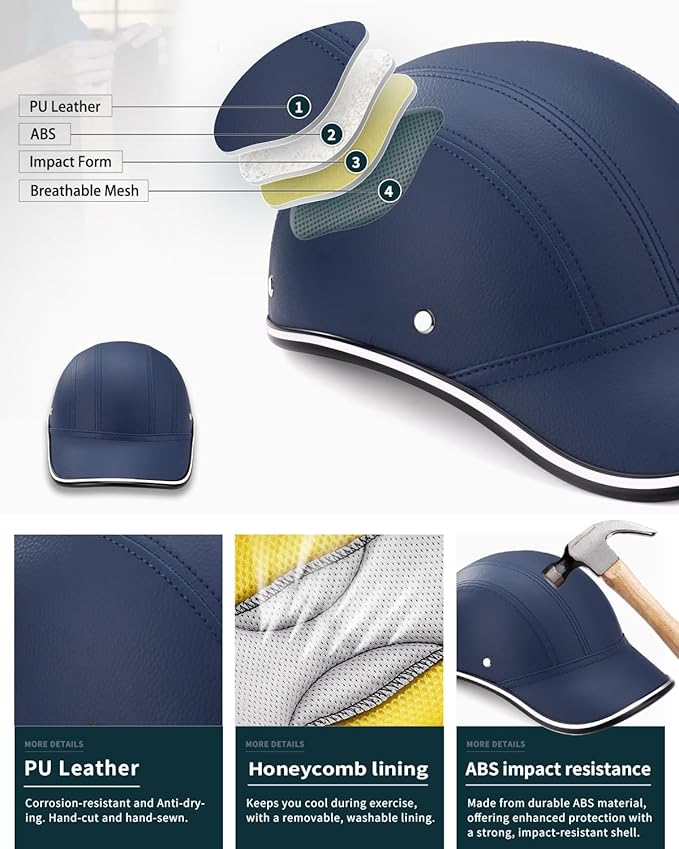 Adult Baseball Cap Helmet - Urban Style for Golf, Low Profile Urban Commute PU Retro Leather Hat for Men & Women