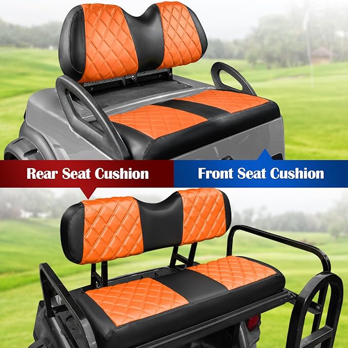 NOKINS 4PCS Golf Cart Diamond Seat Covers Kit,Front and Rear Seat Covers for Club Car Precedent/EZGO TXT/Yamaha Original Regular Seat Cushion (Orange and Black, Club Car Precedent)