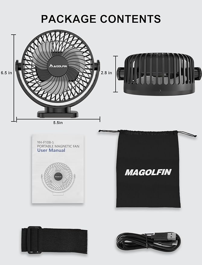 [Upgraded 2X Magnet] 2-Pack Magnetic Golf Cart Fan Rechargeable, 12000mAh Battery Operated Portable Fan with Light, Magnetic Base, Suitable for EZGO Club Car Yamaha, Golf Cart Accessories 2026
