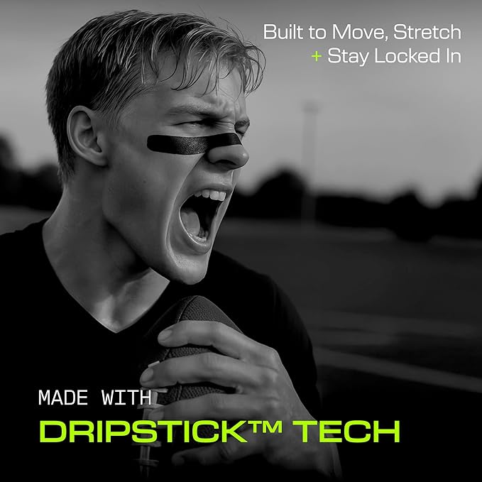 DRIP Strips Pro-Grade Eye Black Stickers, 24 Pack, Natural Flex & Stretch Long Eye Black Face & Nose Strips, Sweat-Proof, Eye Black Football, Baseball, Softball, Lacrosse, Black Grit Strip