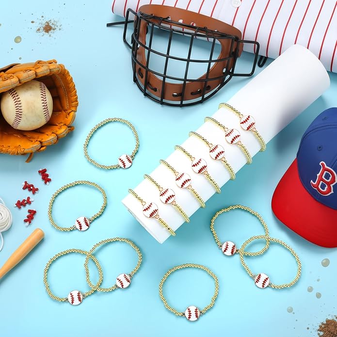 Tondiamo 24 Pcs Cheer Baseball Softball Soccer Basketball Football Tennis Bracelets Gifts Bulk Beaded Stretch Bracelets Charm Gifts Sport Jewelry Party Favors Supplies