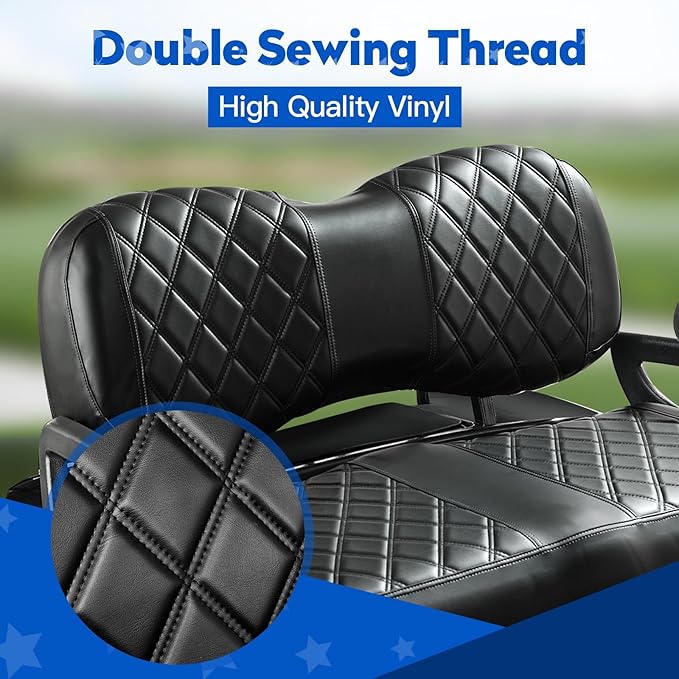 NOKINS Golf Cart Diamond Seat Covers Kit, Fit for Yamaha Drive/Drive2 OEM Standard Front Seat Cushion, No Nails Required & Easy to Clean, Breathable Vinyl Seat Covers (Black&Black Stitching)