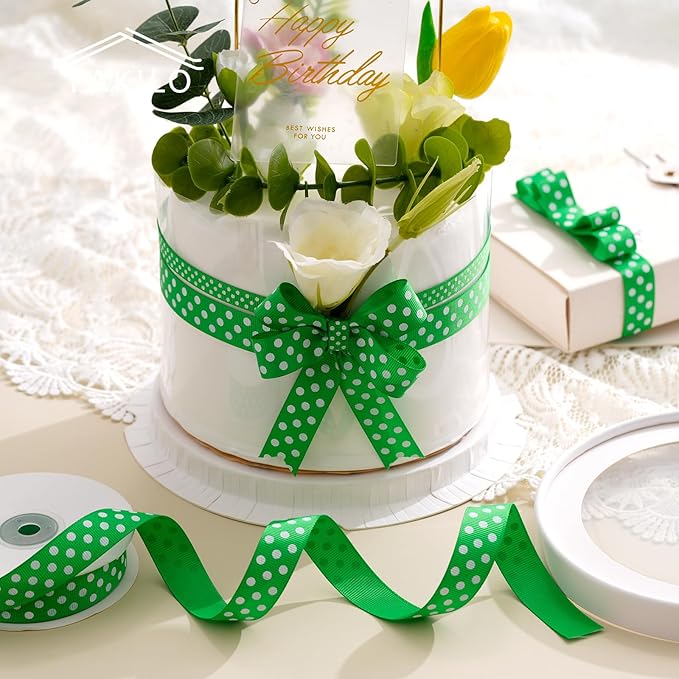 Polka Dot Grosgrain Ribbon 5/8 Inch, 25 Yards Spool Green and White Polka Dot - Image 4