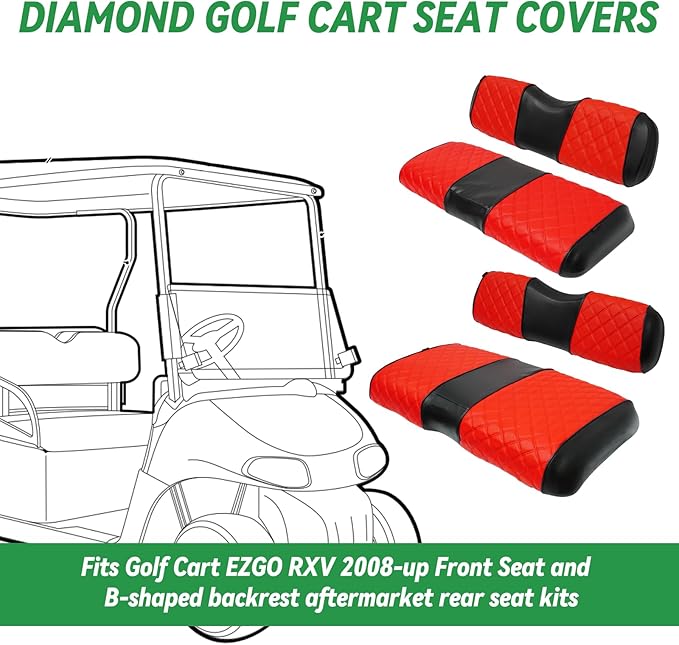XUANYUDG0769 Golf Cart Front and Rear Seat Covers for EZGO RXV 2008-up OEM Ordinary Front Seat and Aftermarket Common Rear Seat Kits, No Stapler Vinyl Leather Diamond EZGO RXV Seat Covers