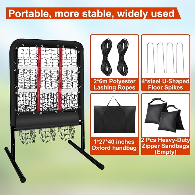 9 Hole Pitching Net with Strike Zone and Handbag, 2X3' Fixed by 4 Ground Stakes or 2 Sandbags. Adjustable Heights(39-46in) for Pitching Target Net