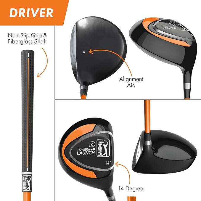 PGA Tour Youth Golf Club Set for Ages 5-15+ (3’5”-5’10”), Right and Left-Handed Kids Golf Sets – Beginner Junior Golf Clubs with Lightweight Stand Bag, Mallet Putter, Hybrid, Driver