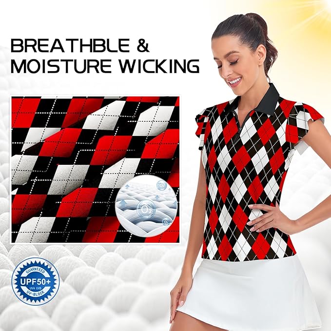 Soneven Womens Petal Sleeve Golf Shirts Moisture Wicking Lady Golf Apparel Print Tennis Sport T Shirt