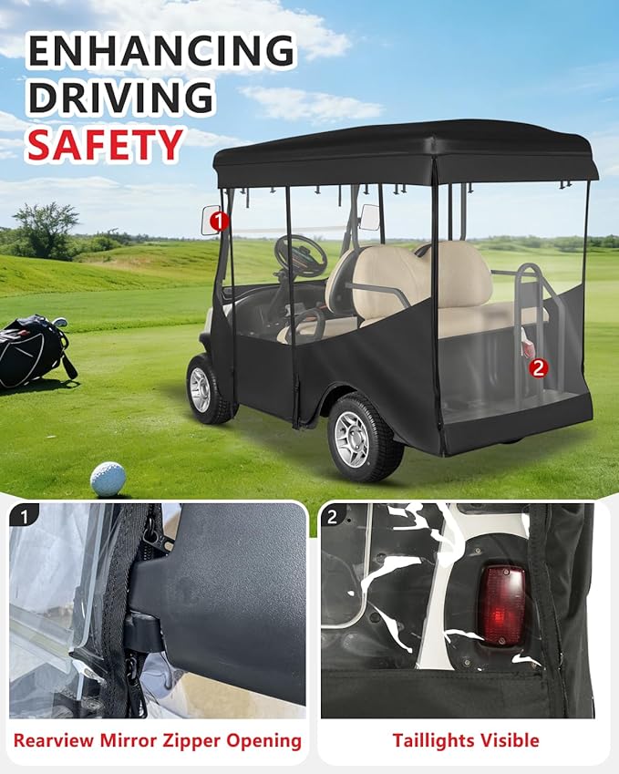4 Passenger Golf Cart Enclosure for Club Car Tempo Onward 88" Extended Roof, 600D Waterproof Rain Driving Cover with Full Roll Up Clear Windows & Door for 4 Seater Club Car Enclosures