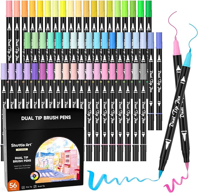 Shuttle Art Pastel Brush Pens, 56 Pastel Colouring Pens, Dual Tip Brush Markers by ShuttleArt