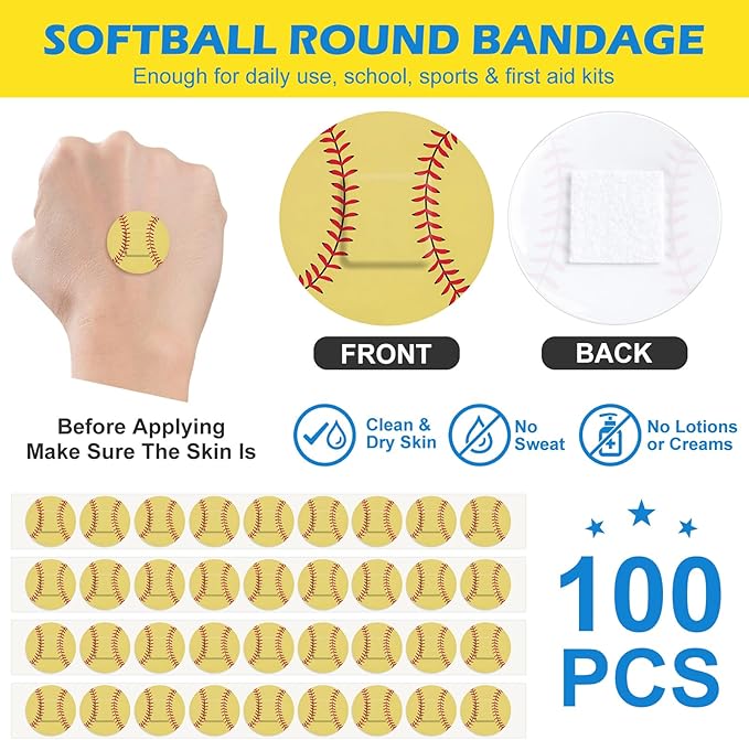100 Pack Softball Bandages 1 Inch Round Softball Shape Dot Sports Adhesive Bandages for Small Wounds Scrapes First Aid Supplies for Athletes