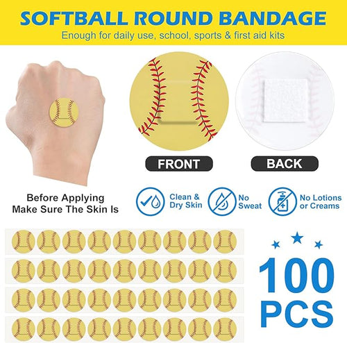 100 Pack Softball Bandages 1 Inch Round Softball Shape Dot Sports Adhesive Bandages for Small Wounds Scrapes First Aid Supplies for Athletes