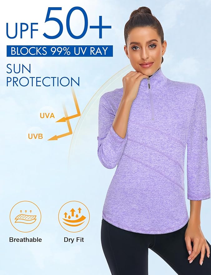 Koscacy Women's 3/4 Roll Sleeve Golf Tennis Polo Shirts UPF50+ Half Zip Dry Fit Workout Tops Athletic Shirt