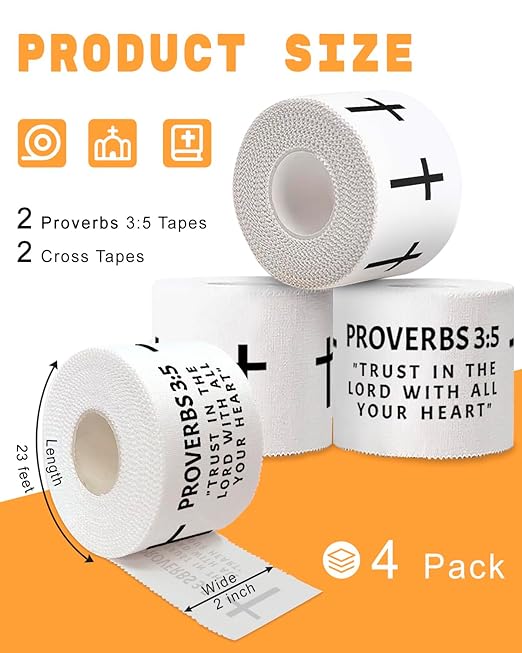 Yigney 4 Pack Christian Athletic Tapes Religious Sport Tape Bible Verse Wrist Tape Cross White Tapes for Sports Gymnastics Tennis 2IN X 23FT