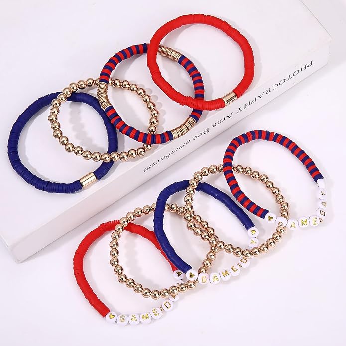 NLCAC 9 Pack Game Day Bracelets Stackable Heishi Beaded Stretchy Bracelet Preppy Jewelry Baseball Football Team Bracelets Sports Fan Accessories Gifts