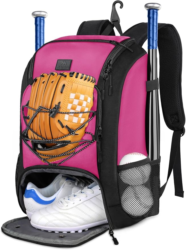 MATEIN Baseball Backpack, Softball Bat Bag with Shoes Compartment for Youth, Boys and Adult, Lightweight Baseball Bag with Fence Hook Hold TBall Bat, Batting Mitten, Helmet, Caps, Teeball Gear
