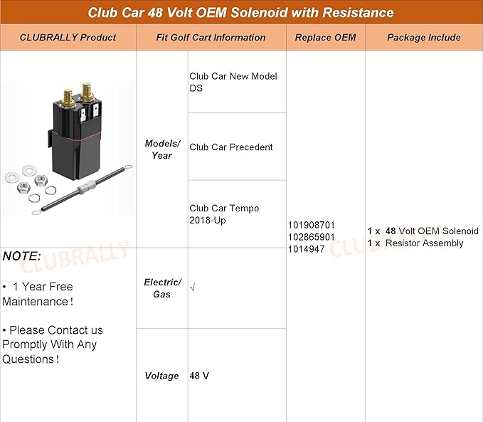 48 Volt OEM Solenoid with Resistance for Club Car New Model DS & Precedent & Tempo, OEM#102865901, 1014947