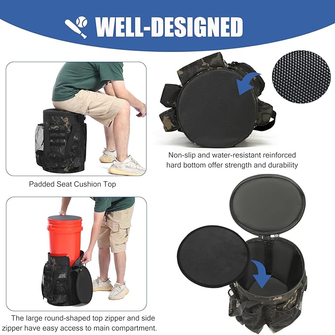 Baseball Bucket Bag 6 Gallon Bucket Cover Organizer w/Padded Seat tactical Softball Coaches Bag for Balls, Bat, Gloves, Scoreboards