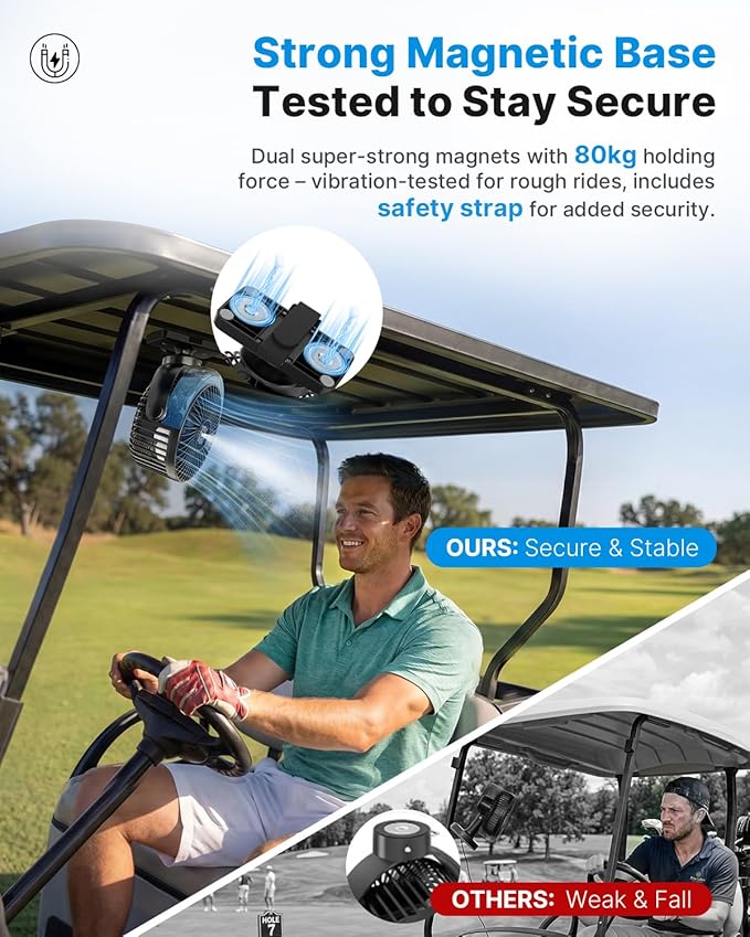 BOYISEN Magnetic Golf Cart Misting Fan Rechargeable, 12000mAh Battery Operated USB Portable Fan with 4 Speeds, Spray, LED, Timers, Golf Cart Accessories for Club Car Camping Office Cruise Ship 1-Pack