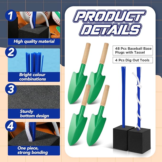 Shappy 48 Pcs Base Plugs Baseball Base Anchors with Tassel Heavy Duty Rubber Plug Dig Tools for Baseball Field Softball Drill