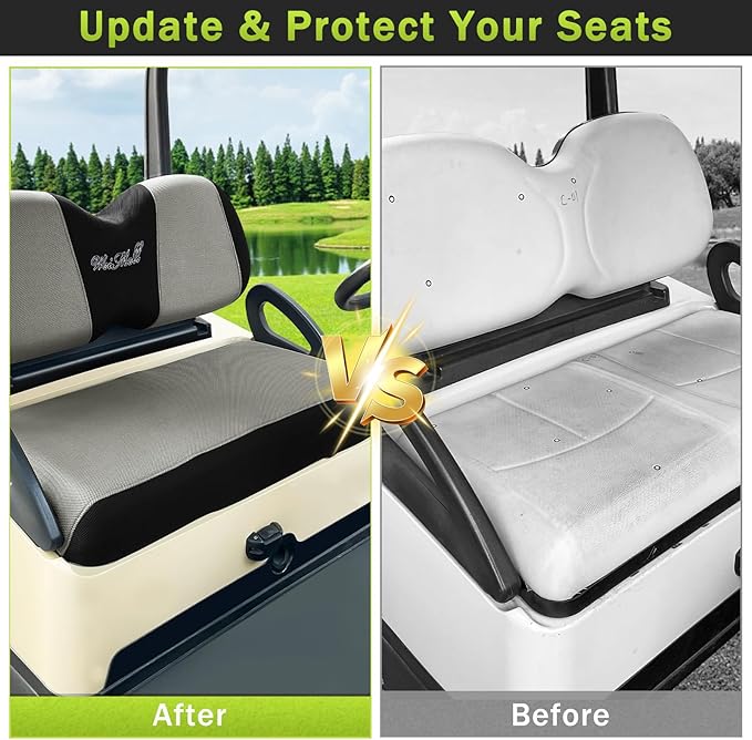 Golf Cart Seat Covers Front and Rear Set Fit for Club Car Precedent Club Car Tempo Yamaha G29 Front Seat Cushion and Aftermarket Universal Back Seat Cushion Covers Black&Grey