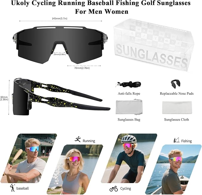 Ukoly Cycling Sunglasses for Men Women with 3 Interchangeable Lenses, Polarized Sports Sunglasses, Baseball Sunglasses